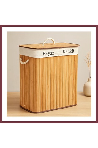 Storeşahin Bambu Ahşap 2 Bölmeli Çamaşır Sepeti 52x32x62 Cm Shn0720