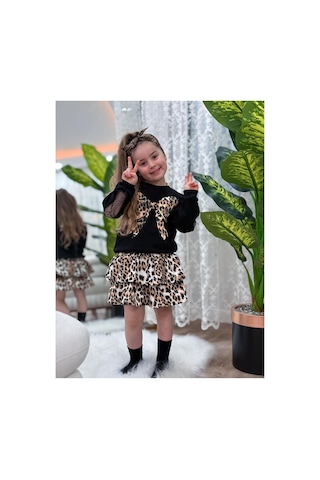 Nehirim Kids Kız Çocuk Uzun Kollu Leoparlı Ve Dantelli Salopet Mevsimlik Elbise 3-4-5-6-7-8-9-10 Yaş Siyah