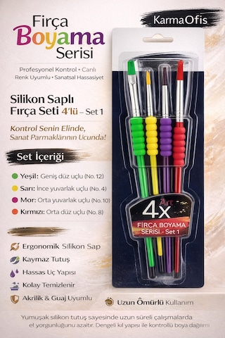 Silikon Saplı Fırça Seti 4 Lü Akrilik, Guaj Ve Tuval İçin Ergonomik Boyama Fırçası Seti