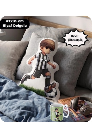 Siyah Beyaz Futbol Kupa Taraftar Yastık Kombin Taraftar Uyku Arkadaşı İkili Set Hediye Hediye Paketi-Hediye Paketi