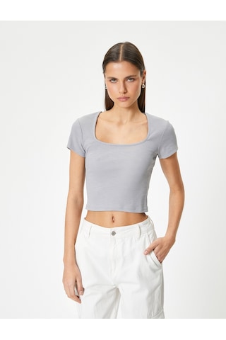 Koton Sırt Dekolteli Tişört Crop Kısa Kollu Fitilli Slim Fit Gri 4sal10804ık Gri