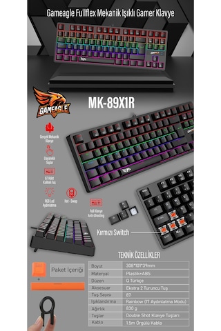 Fullflex Mekanik Klavye Gaming Klavye 87 Tuşlu Hot Swap Işıklı Türkçe Q Klavye Red Oyuncu Klavyesi