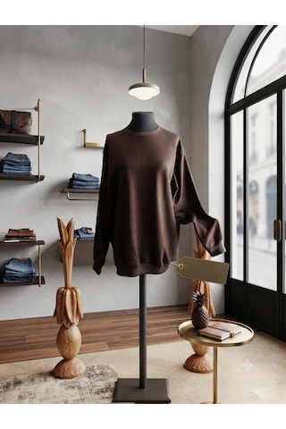 Erkek Kahverengi Bisiklet Yaka Oversize Uzun Kollu Tişört / Sweatshirt - L Beden A.kahve