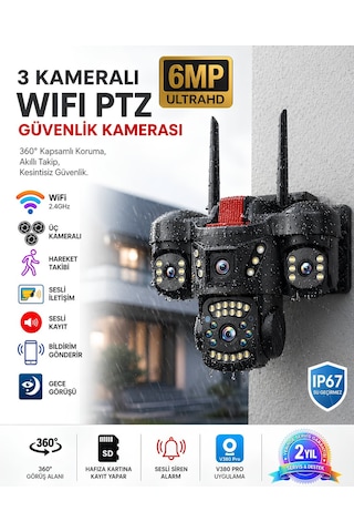 Onqam Onw2363 3 Kameralı Wifi Ptz Güvenlik Kamerası 6mp Ultra Hd 360 Derece Dış Mekan Ip66 Gece Görüşlü
