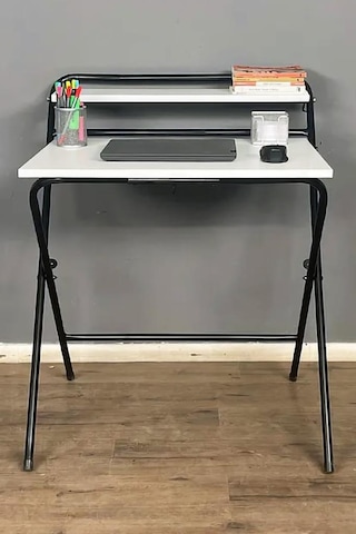 Lich Metal Ayaklı Katlanır Çalışma Masası Beyaz Raflı Laptop Sehpası Çizim Ve Ders Masası Beyaz - Siyah
