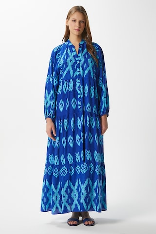 Modest Kadın Megan %100 Viskon Maksi Boy Mavi Katlı Balon Kol Uzun Yazlık Elbise Maviaçıkmavi Açık Mavi