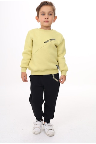 Toontoy Kids Toontoy Erkek Çocuk 2'li Takım Baskılı Bisiklet Yaka Asimetrik Sweatshirt & Beli Paçası Lastikli Cepli Jogger Eşofman Altı Açık Yeşil