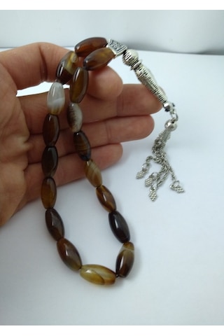 Balıkhediyelikfoto Kahve Akik Taşi Şak Şak Tespih / Uzun Arpa Model Doğaltaş Tespih