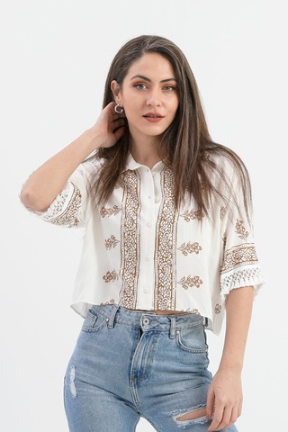 Antik Desenli Kolları Püsküllü Gömlek - Kahverengi-kahverengi Kahverengi