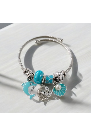 Kadın Çelik Charm Bileklik Bilezik Yunus Figürlü Mavi Çelik