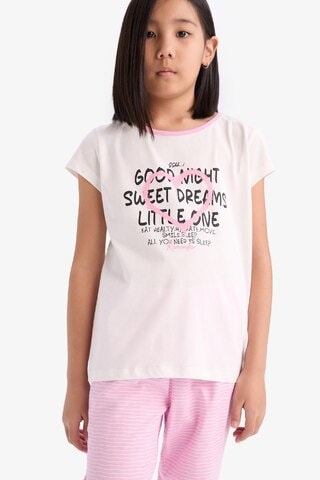 DeFacto Kız Çocuk Pijama Takımı Baskılı Kısa Kollu Üst Beli Lastikli Uzun Alt E2220A825SMER85 Ekru