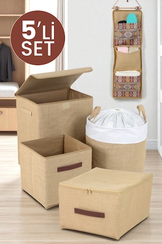 İronika Jüt Kumaş Dolap İçi Organizer Oyuncak Kutusu Eşya Çamaşır Saklama Sepeti Düzenleyici Kutu 5li Set Kahverengi