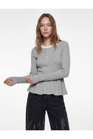 Koton Slim Fit Volanlı Bisiklet Yaka Biyeli Düğmeli Uzun Kollu Tişört Gri Melanj 6sal10208ık Gri Melanj