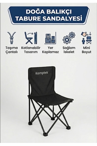 Kamptek Doğa Ve Balıkçı Sandalyesi - Yer Kaplamaz Mini Boy Tabure Telefon Koyma Cepli Sağlam Balıkçı Sandalye Tabure Siyah
