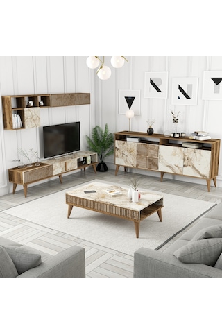 Variant Milan 3'Lü Salon Takımı - Ceviz - Beyaz Mermer