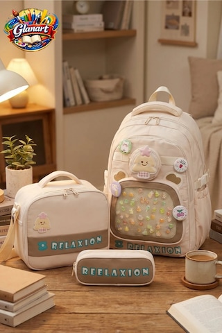 Su Geçirmez 4 Bölmeli İlk Öğretim Çantası Termoslu Beslenme + Kalemlik Set Relaxi Bej