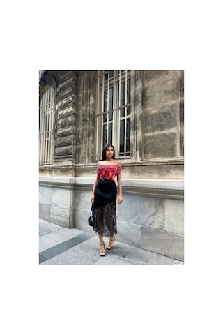 Angbutik Kadın Şık Tasarım Kayık Yaka Omzu Açık Desenli Crop Bluz Yeşil