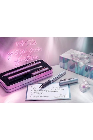 Faber Castell Grip Edition Dolma Kalem-tükenmez Kalem Matal Kutu Hediye Seti Violet Glam Çok Renkli