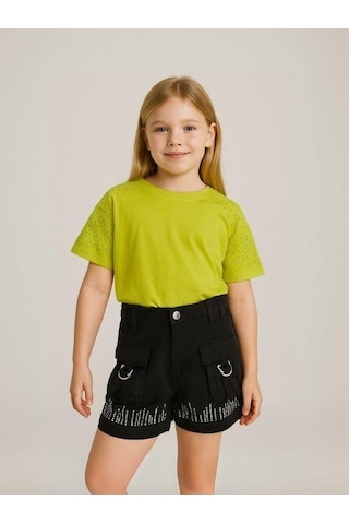 Kız Çocuk Taş İşlemeli Şort-15977 Siyah