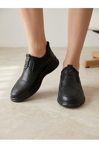 Beren Hakiki Deri Acı Kahve Kadın Ayakkabı Ortopedik Taban Bağcıksız Comfort Casual Günlük Sneaker Siyah