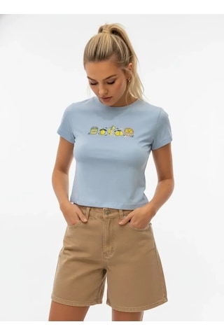 Park Karon 26025 Pamuk Desenli Crop Boy Bisiklet Yaka Örme Bluz Bebe Mavi 40