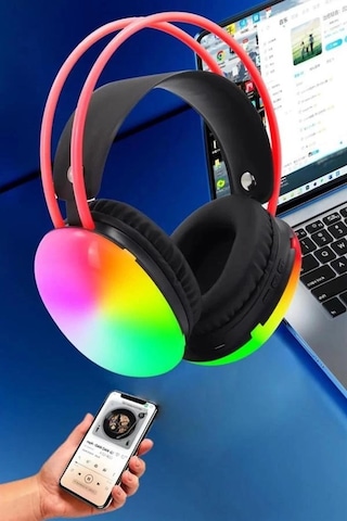 Mey İthalat Kulak Üstü Kablosuz Bluetooth Kulaklık Unısex Renkli Işıklı Kulaklık