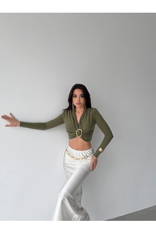 Elaxi Kadın Dalgıç Kumaş Tokalı Vatkalı Crop Bluz Çağla Yeşili