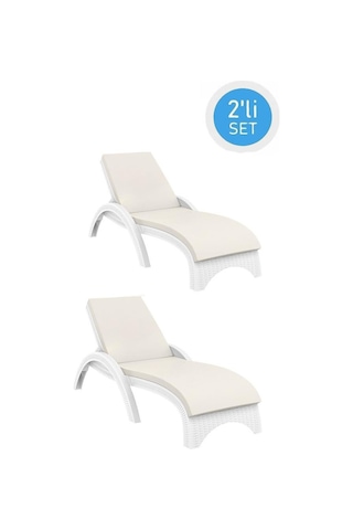 Omnipazar Trk-860 Siesta Fiji Bej Minderli Rattan Desenli Ayarlanabilir Lüks Şezlong Beyaz 2'li Set Beyaz