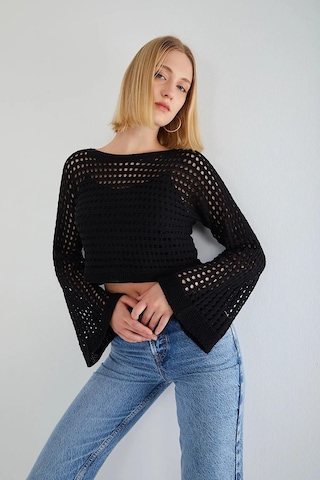 6853 Kadın Ispanyol Kol Ajurlu Crop Kazak Siyah Siyah