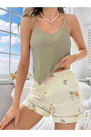 Fantezia Kadın Ekru Çiçek Baskılı Şortlu Gecelik Pijama Takımı 5099
