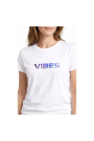 Vibes Typography Baskılı Unisex Tişört %100 Pamuk Oversize Bisiklet Yaka Günlük T-shirt Beyaz