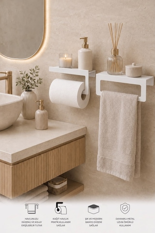 Beyaz Duvara Monte Havluluk & Peçetelik Modern&dayanıklı 2'li Set Beyaz