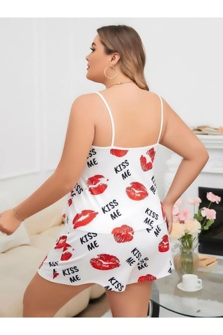 Senoramoda Büyük Beden Kiss Me Öpücük Desen Pamuklu Şortlu Pijama Takımı Beyaz