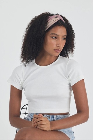 Beyaz Kısa Kol Bisiklet Yaka Vücuda Oturan Kaşkorse Crop + Bandana Set %100 Pamumklu, Esnek Rahat Beyaz-gül Kurusu-bej