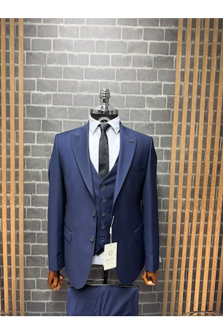Dupont Classics Erkek Slim Fit 6 Drop Sivri Yaka Yelekli Poliviskon Çift Yırtmaç Takım Elbise Lacivert