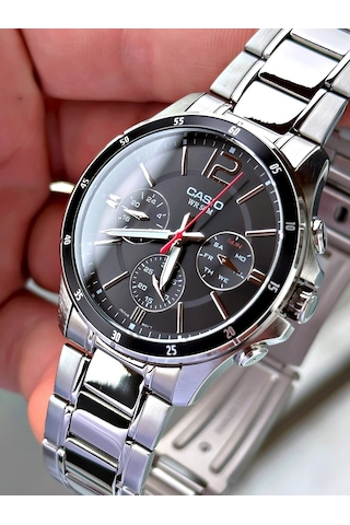 Casio Gümüş Renk Siyah Kadran Çelik Kordon   Fonksiyonlu Erkek Kol Saati + Bileklik Hediyeli Nda94