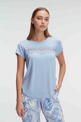 Man9885-1014 Anil Ev Giyim Man9885 Anıl 9885 Kısa Kol Bisiklet Yaka Kadın Viskon Çiçek Desenli Yazlık Örme Dantel Detaylı Pijama Takımı Mavi