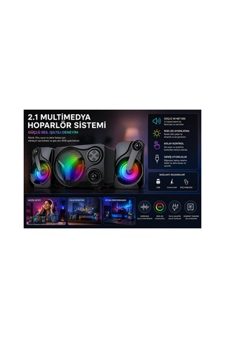 Sp60 Speaker 2.1 Kanal Oyuncu Hoparlörü Rgb Led Işıklı Hafıza Kartı Ve Usb Girişli Bluetooth Lu Bilgisayar Hoparlörü 3,5mm Jack Girişli 2+1 Gaming Speaker