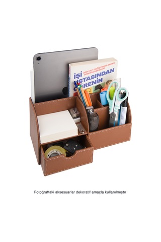 Masaüstü Düzenleyici,kalemlik,kumandalık,küpbloknotluk,tabletlik,kitaplık,6 Gözlü,çekmeceli,desktop Organizer,vegan,24,5 13 12 Taba