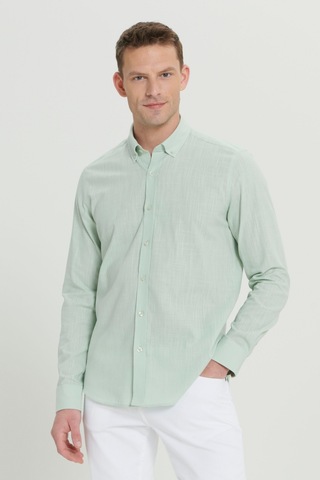 AC&Co / Altınyıldız Classics Erkek A.mınt Tailored Slim Fit Dar Kesim Düğmeli Yaka Keten Görünümlü %100 Pamuk Flamlı Gömlek Mint