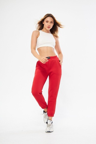 Lesa Wear Yüksel Bel Jogger Şardonlu Eşofman Altı Paçası Lastikli Kırmızı