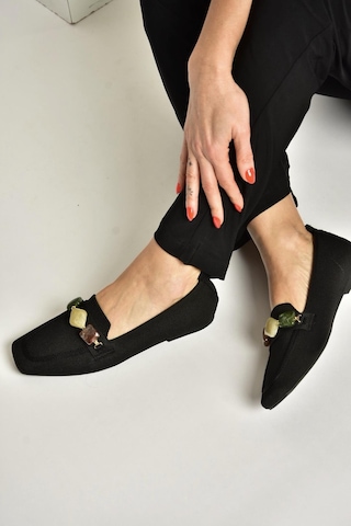 Fox Shoes Y820400304 Siyah Triko Kumaş Boncuk Detaylı Kadın Babet
