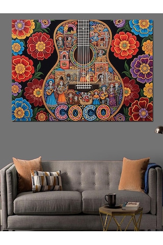 Renkli Desenli Soyut Mandalalar Ve Klasik Gitar Dekoratif Kanvas - Mdf Ahşap Tablo