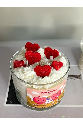 Kremalı Kalp Sevgi Model Kokulu Soya Cam Bardak Mum Kırmızı