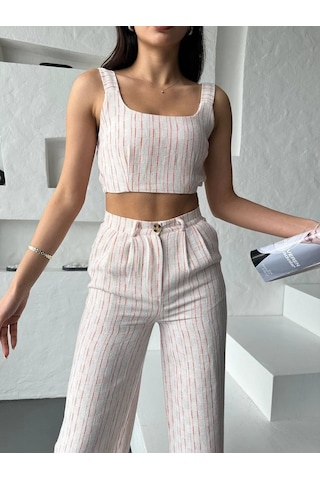 Eke Tekstil Turuncu Çizgili Crop Pantolon Keten Takım-turuncu Turuncu
