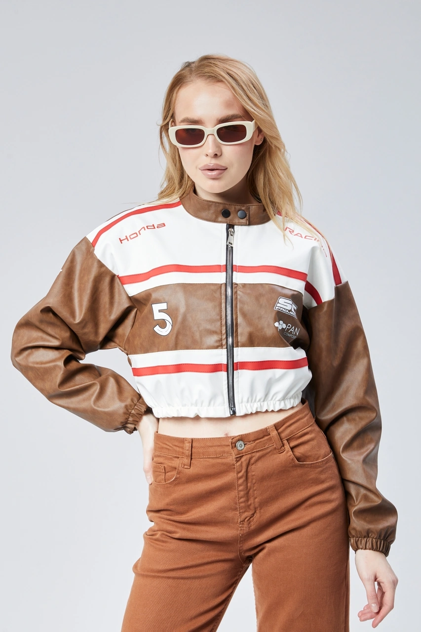 Kadın Deri Baskılı Şeritli Ceket Beli Ve Kolu Lastikli Kolej Hakim Yaka Bomber Yarışçı Motorcu Mont Kahverengi