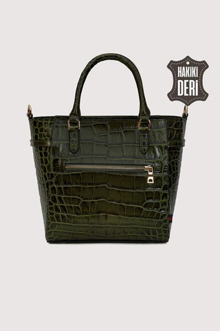 Hakiki Deri Kadın El Çantası Yeşil Kroko Smr7922 Yeşil Kroko