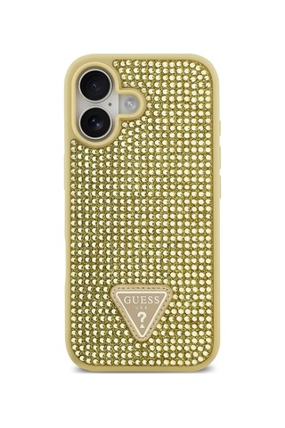 Apple Uyumlu iPhone 17 Kılıf Guess Lisanslı Taşlı Arka Yüzey Üçgen Logolu Kapak Gold
