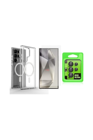 Vendas Galaxy Uyumlu S25 Ultra Kılıf M-safe Şarj Sert Pc Zore Embos Kapak + Lens + Nano Ekran Koruyucu Şeffaf