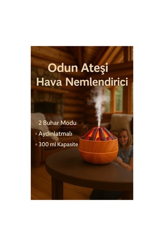 Odun Ateşi Alev Efektli Hava Nemlendirici 300 Ml Aromaterapi Difüzör, Led Alev Işıklı